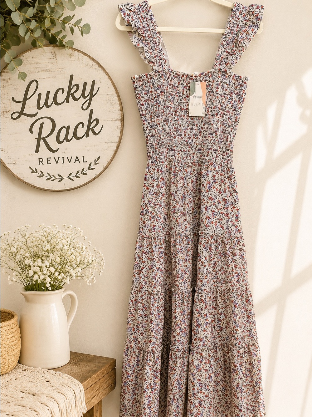 BTFBM Floral Smocked Ruffle Strap Midi Dress NWT Size Medium